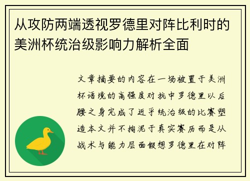 从攻防两端透视罗德里对阵比利时的美洲杯统治级影响力解析全面